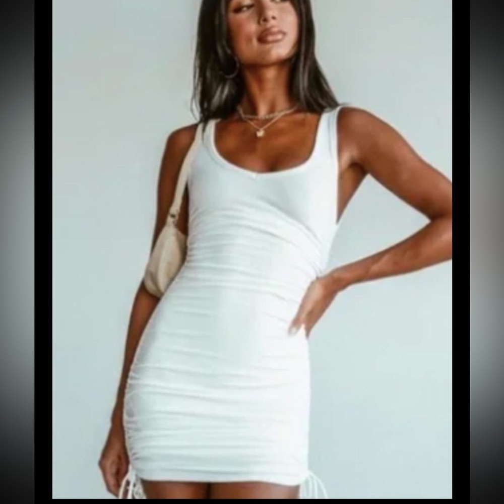 PRINCESS POLLY Dress White Cinched Tank Drawstring Bodycon Ribbed Sexy